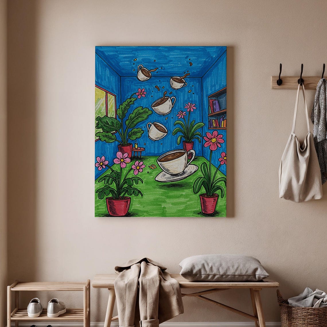 Whimsical Flying Coffee Cups Art Playful Cafe Scene Wall Print