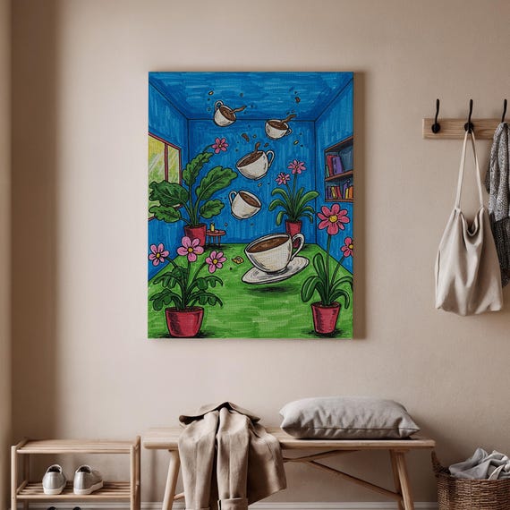 Whimsical Coffee Art Print Colorful Kitchen Wall Decor Playful Cafe Poster Cozy Cup Canvas Vibrant Artwork