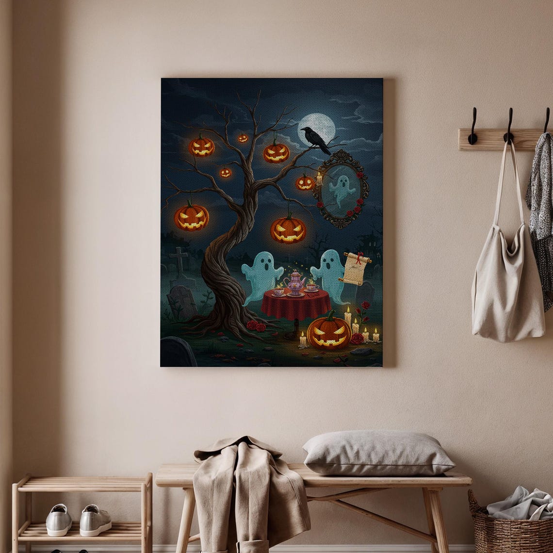 Halloween Ghosts Tea Party Spooky Jack O Lantern Tree Canvas Poster