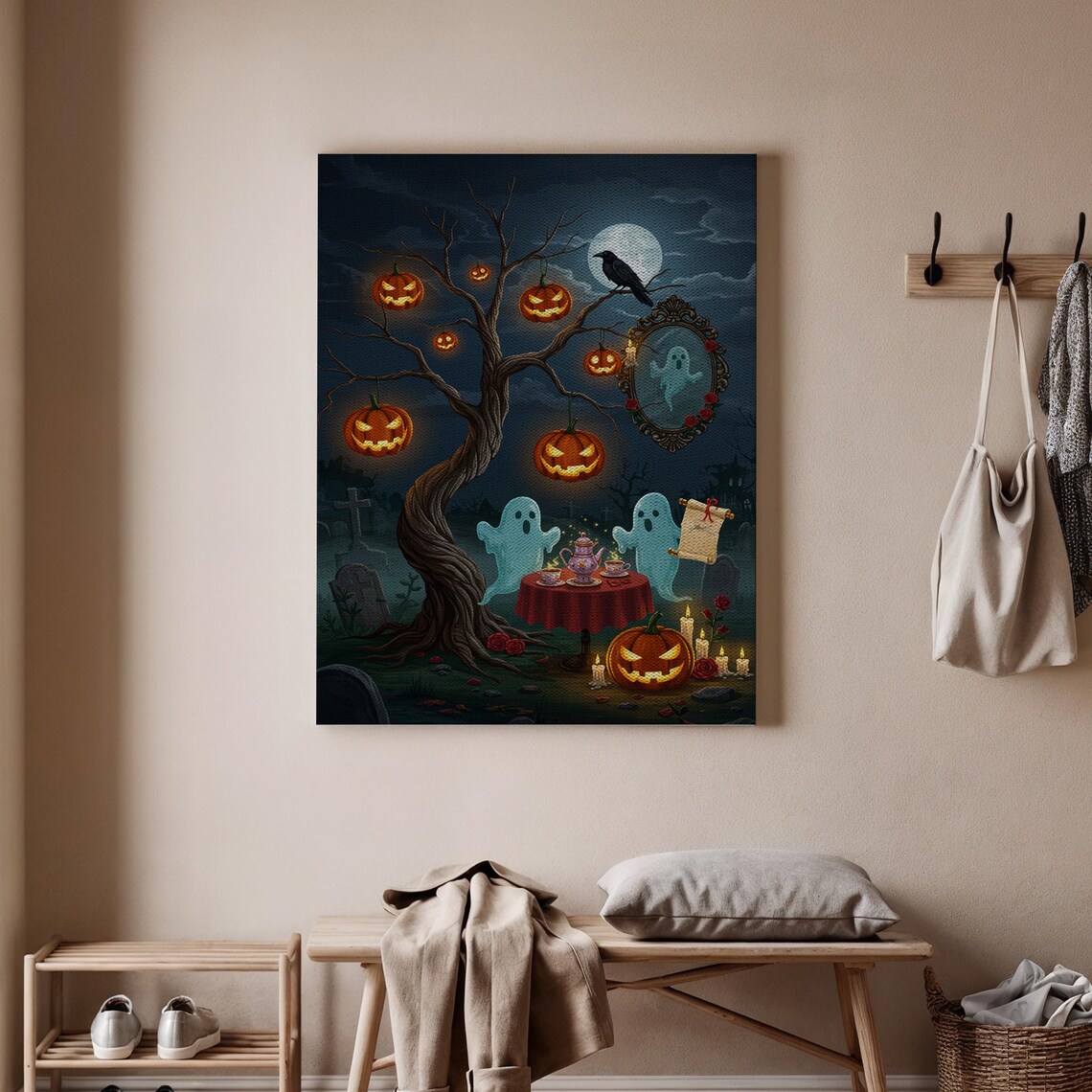 Halloween Party Canvas Art Spooky Ghosts With Pumpkins And Crow Haunted Graveyard Wall Decor Trick Or Treat Print