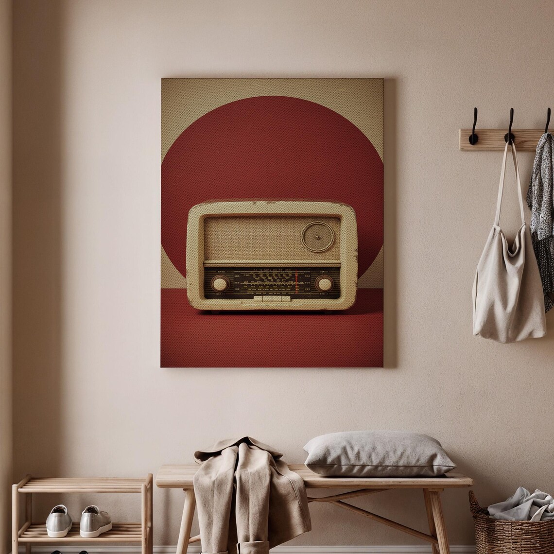 Vintage Radio Retro Sun Art Nostalgic Burgundy Circle Music Wall Decor Poster