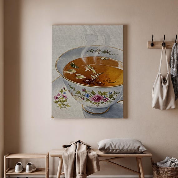Vintage Tea Cup Wall Art Floral Teacup Canvas Print Elegant Poster Classic Kitchen Decor Cozy Time Artwork