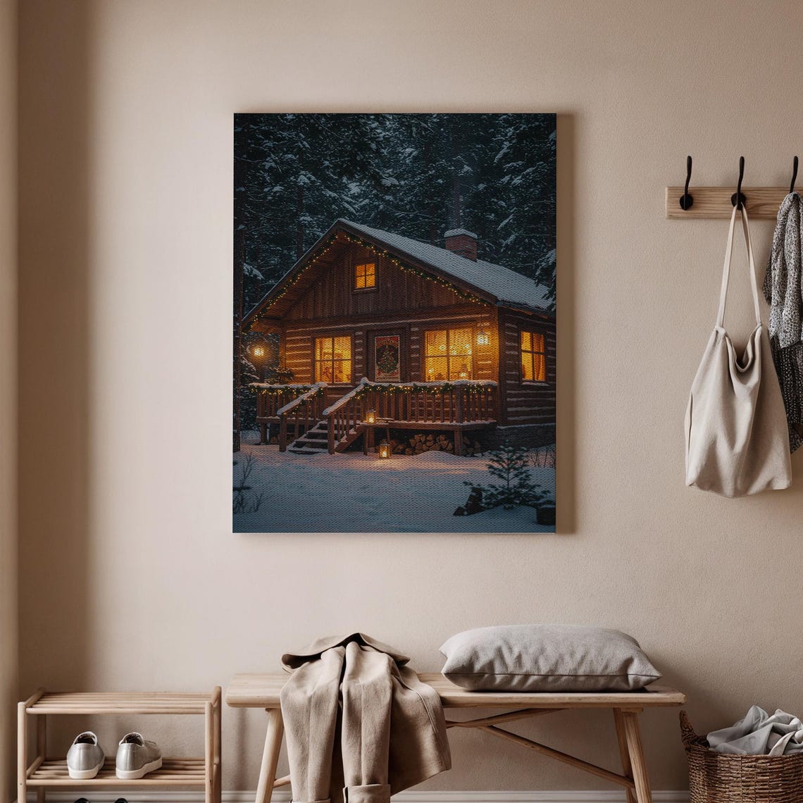 Cozy Christmas Cabin at Night Glowing Windows Snowy Holiday Poster