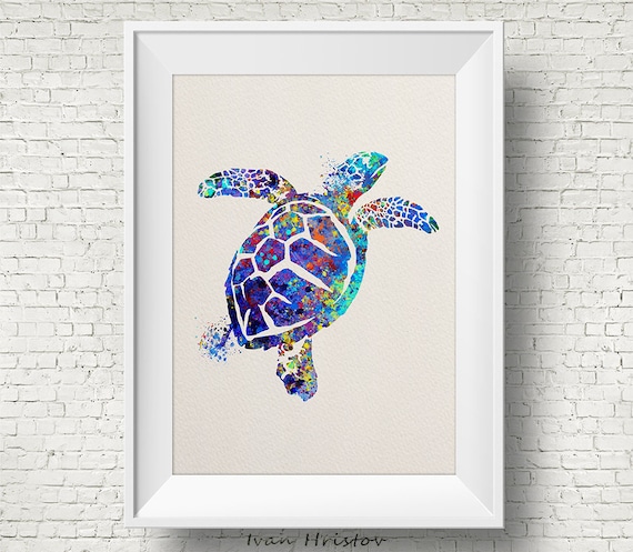 Blue Watercolor Splash Sea Turtle Swimming Ocean Animal Painting Poster