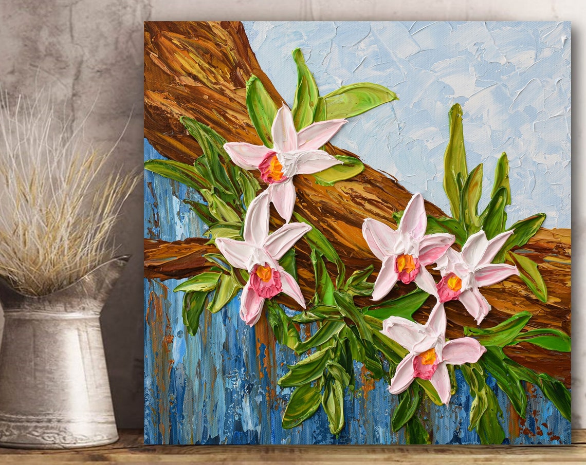 Pink White Orchid Branch Blue Background Botanical Impasto Art Print - Image 3