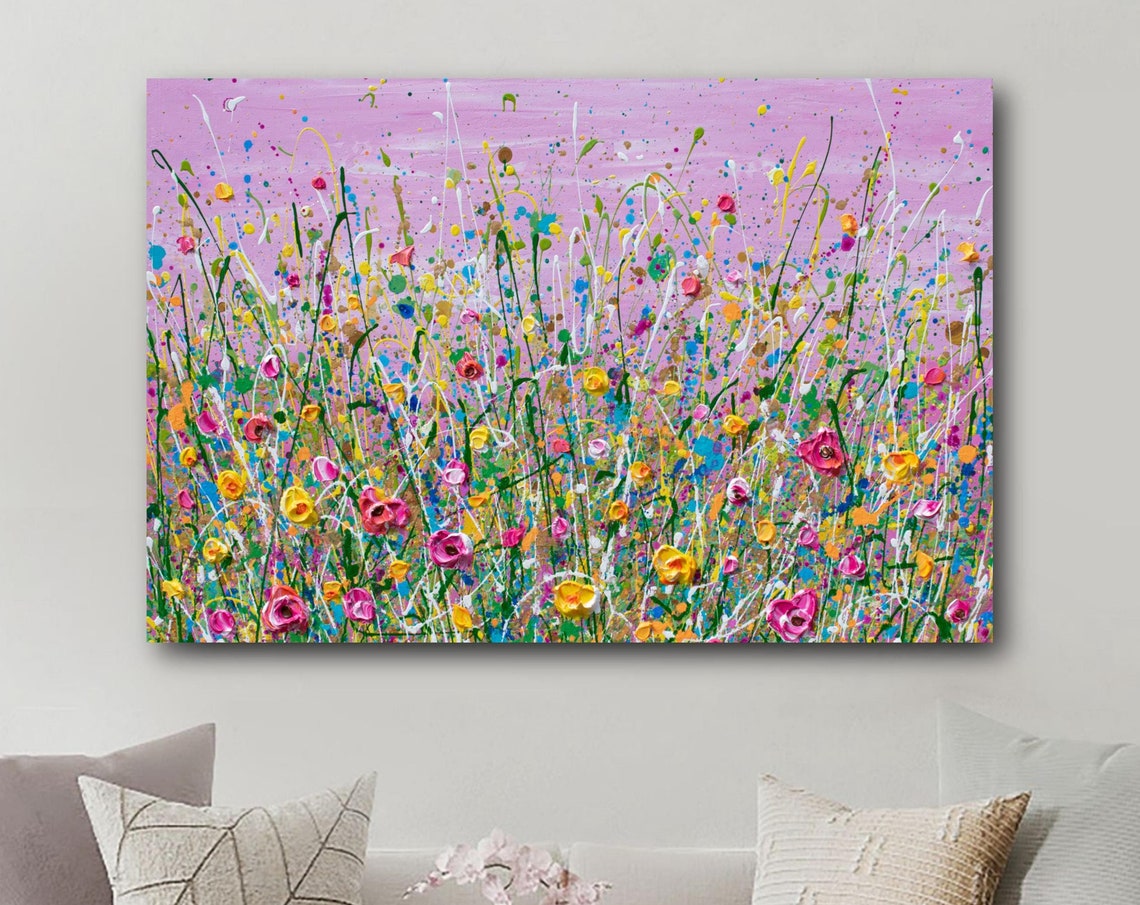 Pink Wildflower Field Magenta Sky Yellow Blooms Impasto Art Print