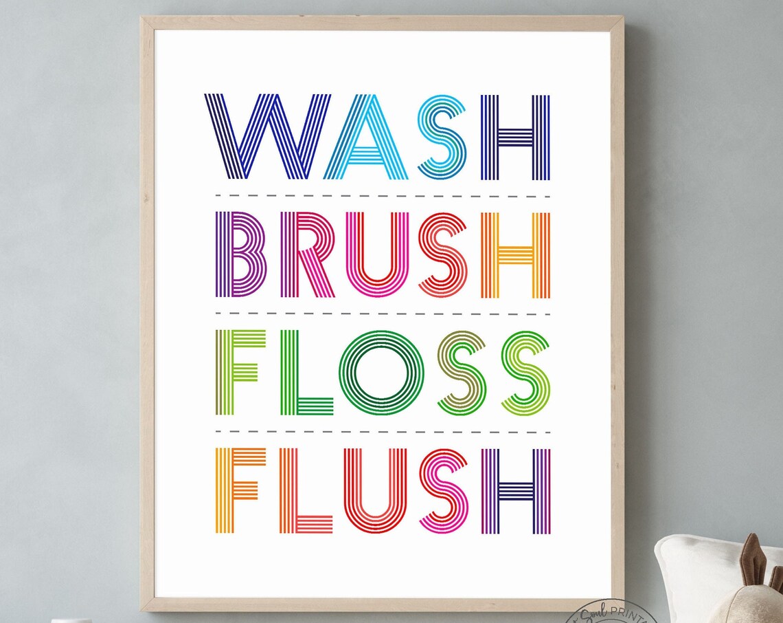 Wash Brush Floss Flush Rainbow Colorful Kids Bathroom Sign Poster - Image 4