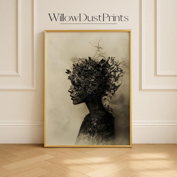 Botanical Woman Portrait Wall Art Silhouette Boho Modern Home Decor Moody Abstract Unique Gift