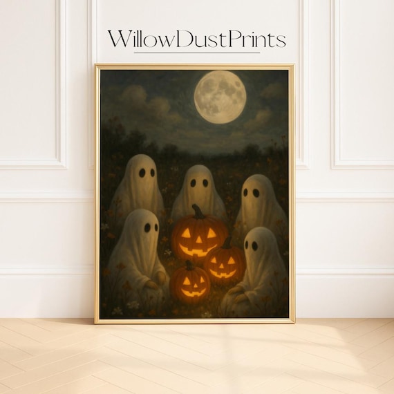 Cute Halloween Ghosts Jack O Lanterns Full Moon Night Poster