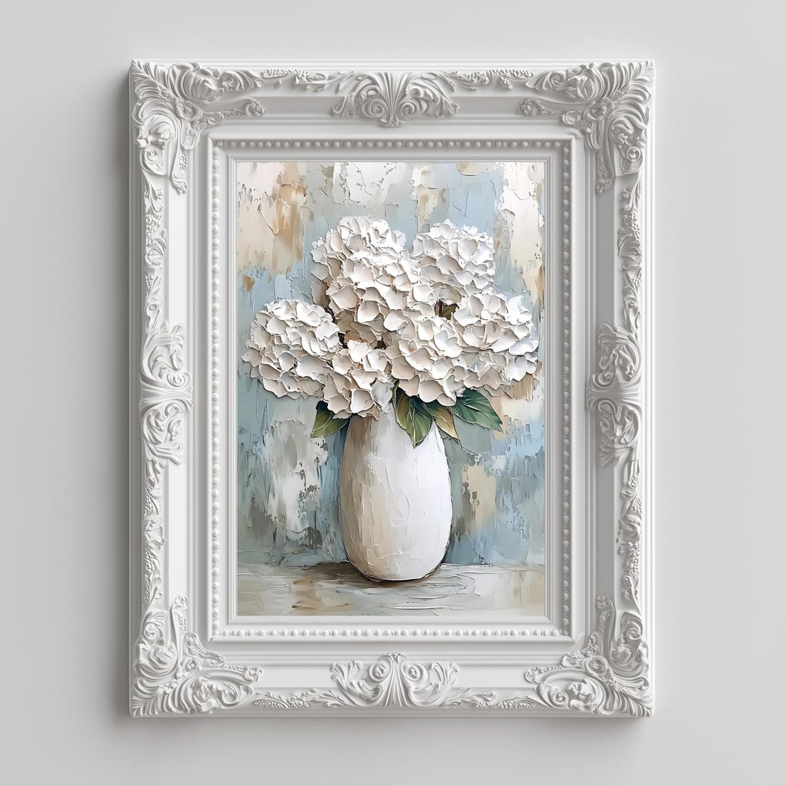 White Hydrangeas White Vase Soft Blue Impasto Textured Floral Poster