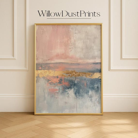 Blush And Blue Abstract Wall Art Pastel Horizon Soft Gold Painting For Bedroom Or Office Decor Minimalist Modern Gift