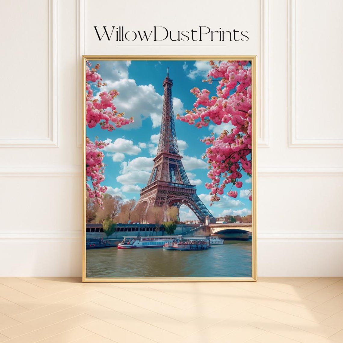 Eiffel Tower And Cherry Blossoms Over Seine Paris Travel Poster