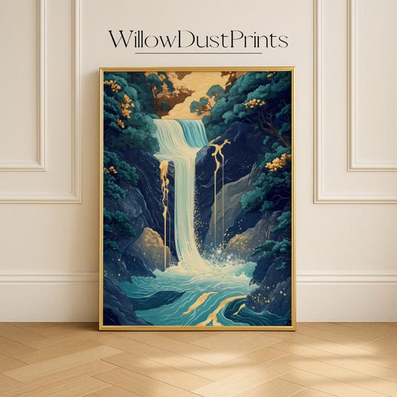 Hokusai Style Wall Art Zen Home Decor Japandi Instant Japanese Waterfall Print Blue Green Gift