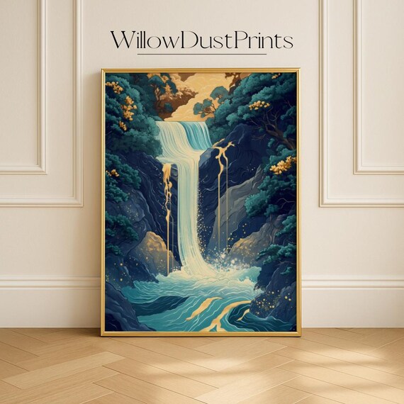 Japanese Waterfall Turquoise Gold Clouds Kintsugi Zen Nature Decor Poster