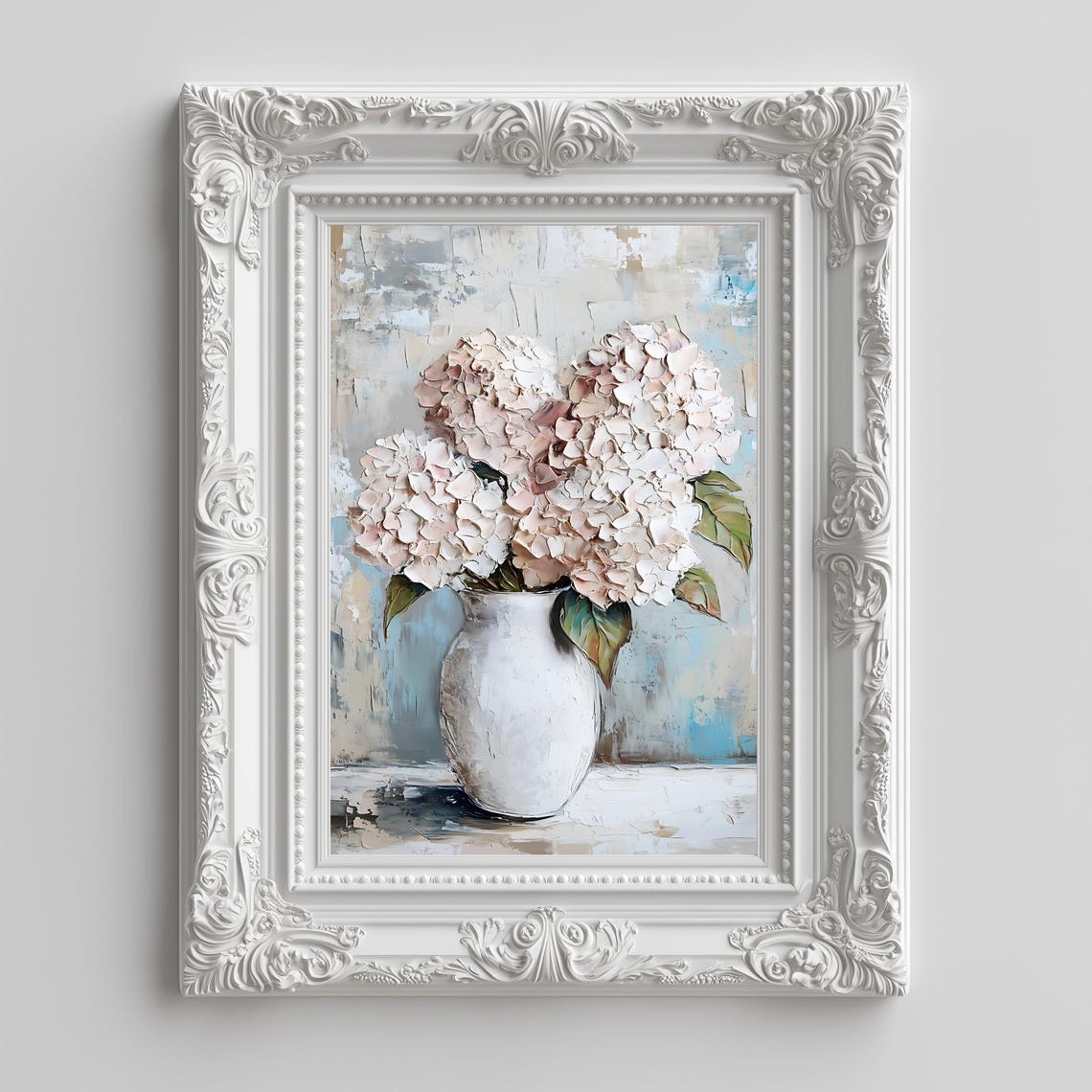Pink Hydrangeas White Vase Impasto Romantic Floral Still Life Poster