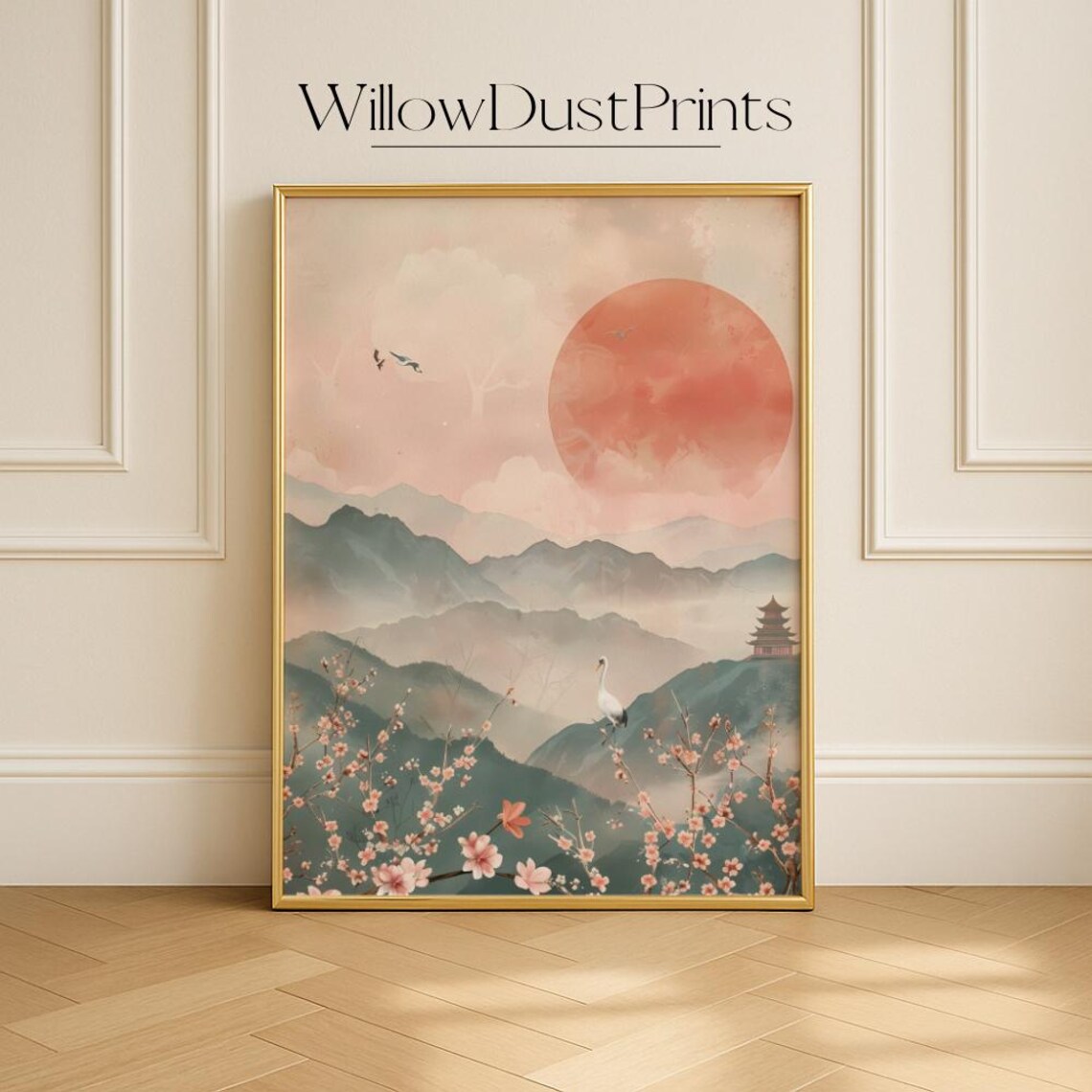 Japanese Red Sun Mountain Pagoda Crane Cherry Blossom Zen Nature Poster