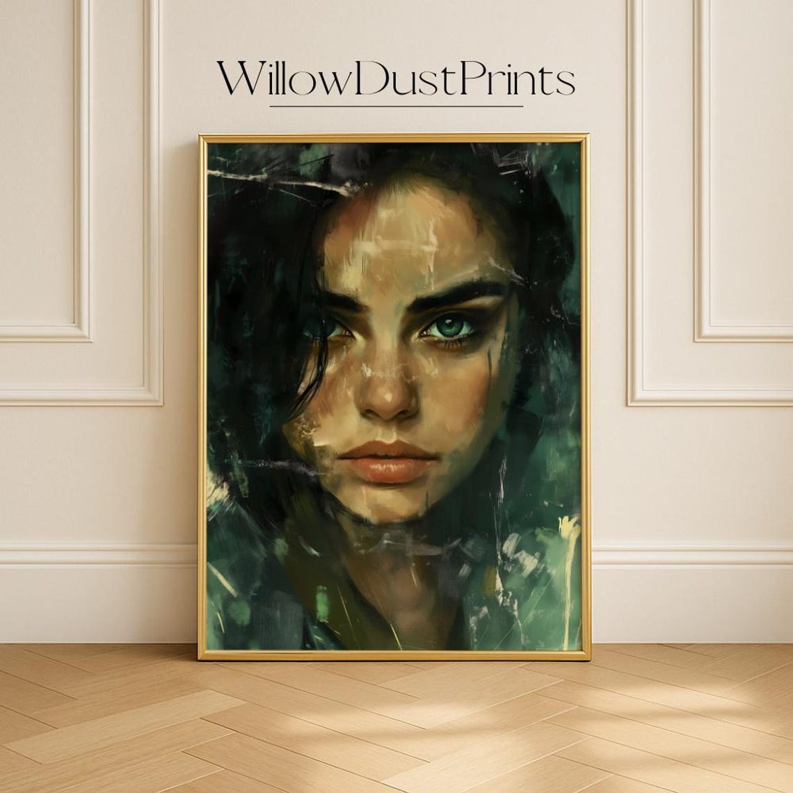 Moody Woman Portrait Green Eyes Dark Teal Painterly Face Art Poster