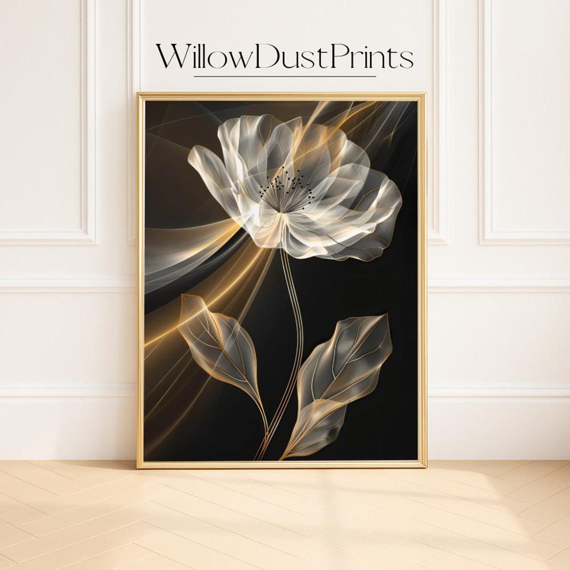 White Translucent Poppy With Golden Swirls On Black Art Poster