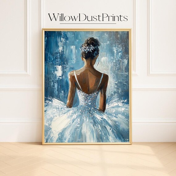 Elegant Ballerina In Blue Oil Painting Back View Dance Poster