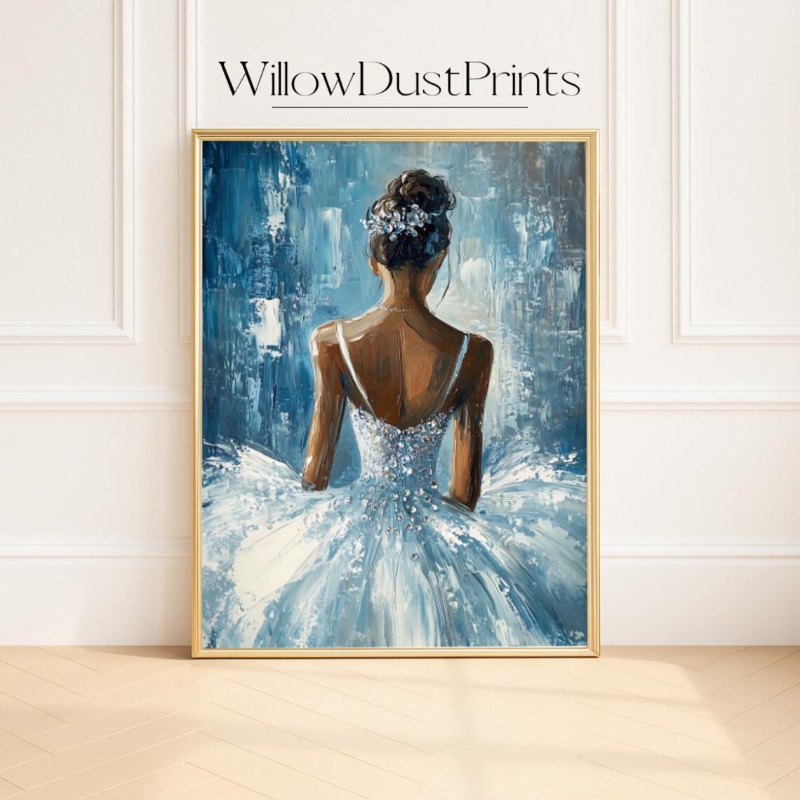Elegant Ballerina In Blue Oil Painting Back View Dance Poster