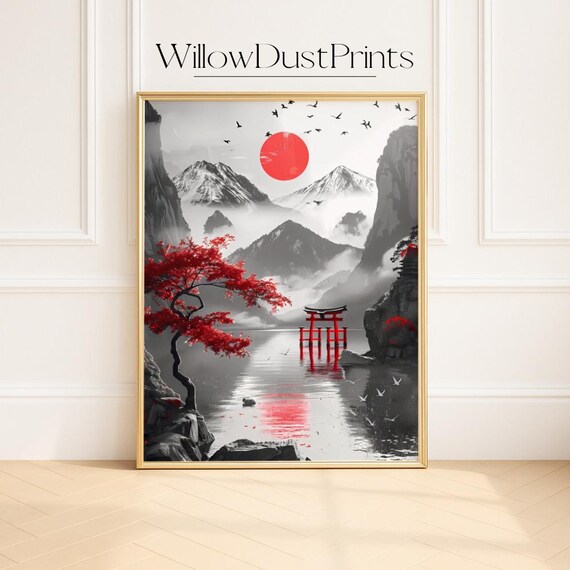 Japanese Torii Gate Red Sun Zen Misty Mountain Lake Art Poster