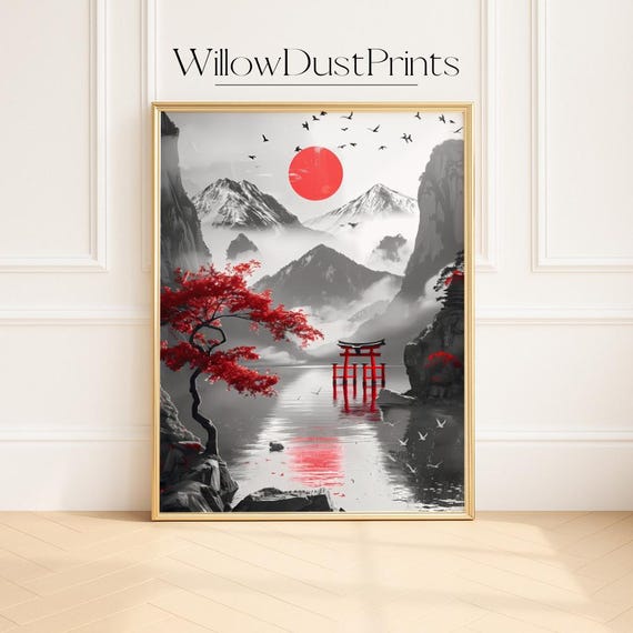 Japanese Torii Gate Wall Art Zen Mountain Landscape With Red Sun Maple Tree Minimalist Asian Inspired Home Decor Print Japandi Gift