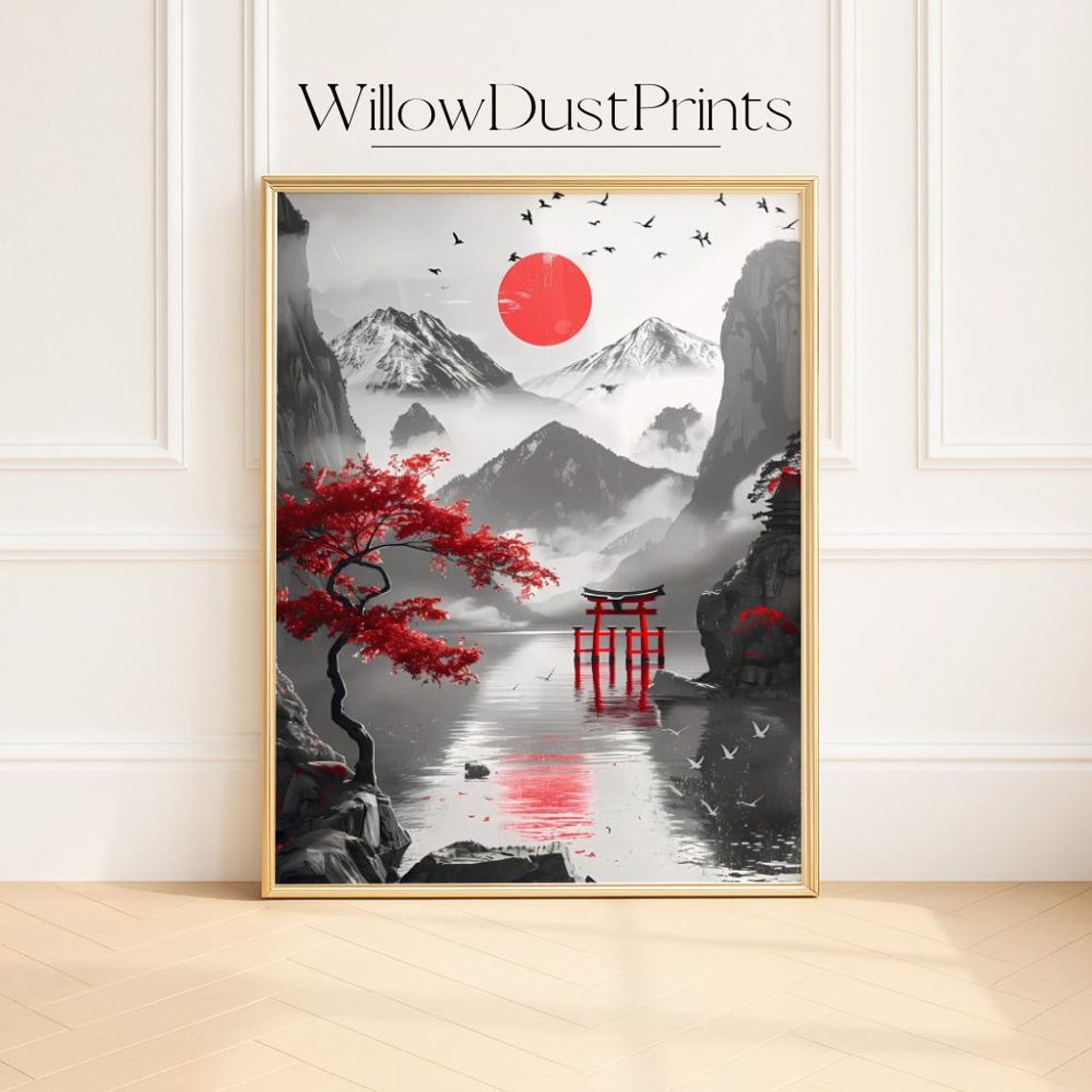 Japanese Torii Gate Red Sun Zen Misty Mountain Lake Art Poster