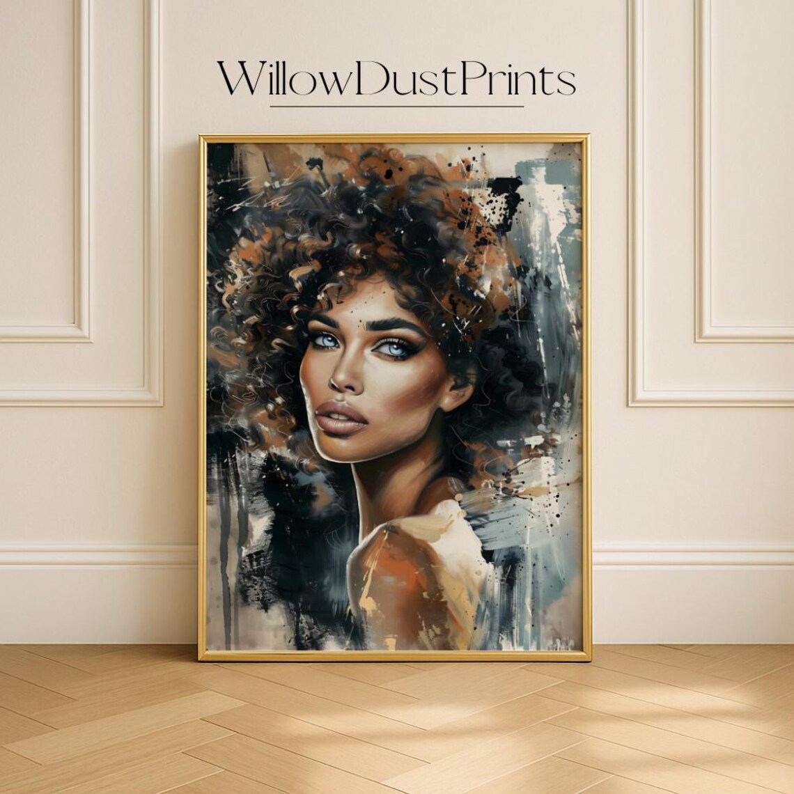 Bold Woman Portrait Dark Curly Hair Blue Eyes Abstract Poster