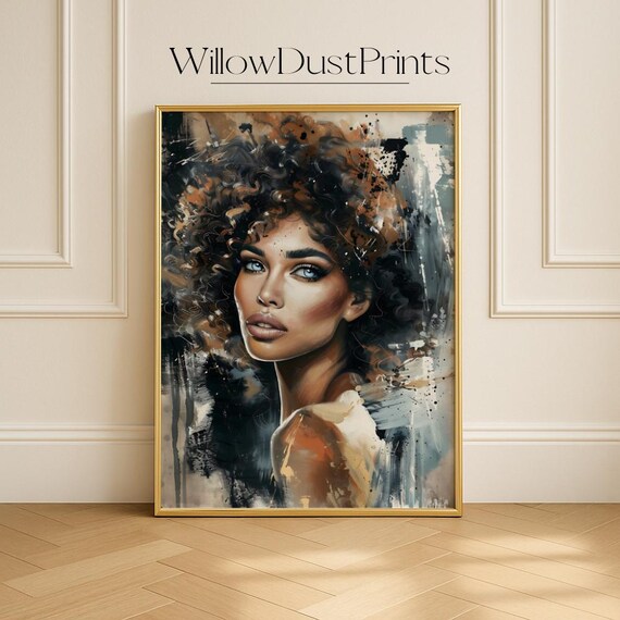 Bold Woman Portrait Dark Curly Hair Blue Eyes Abstract Poster
