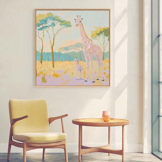 Mother And Baby Giraffe In Golden Field Safari Painting Wall Art