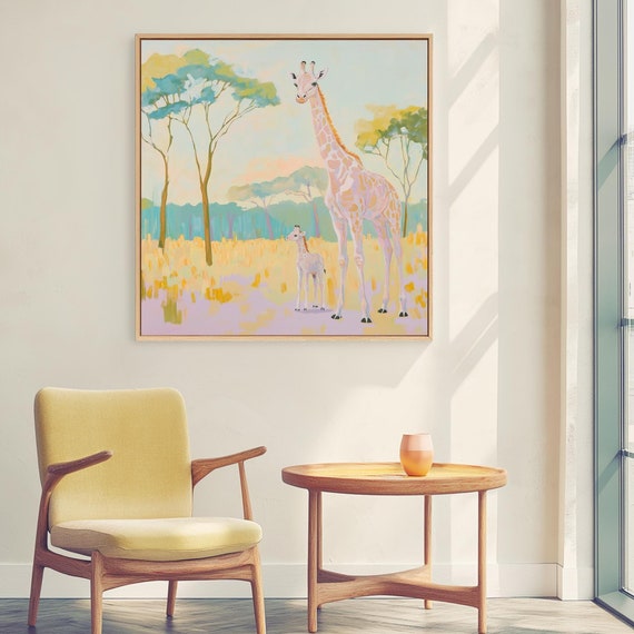 Mother And Baby Giraffe Wall Art Pastel Safari Landscape Artwork Kids Room Nursery Whimsical Wildlife Instant