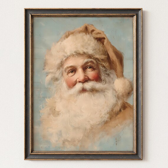 Vintage Santa Claus Portrait Painting on Powder Blue Poster Art