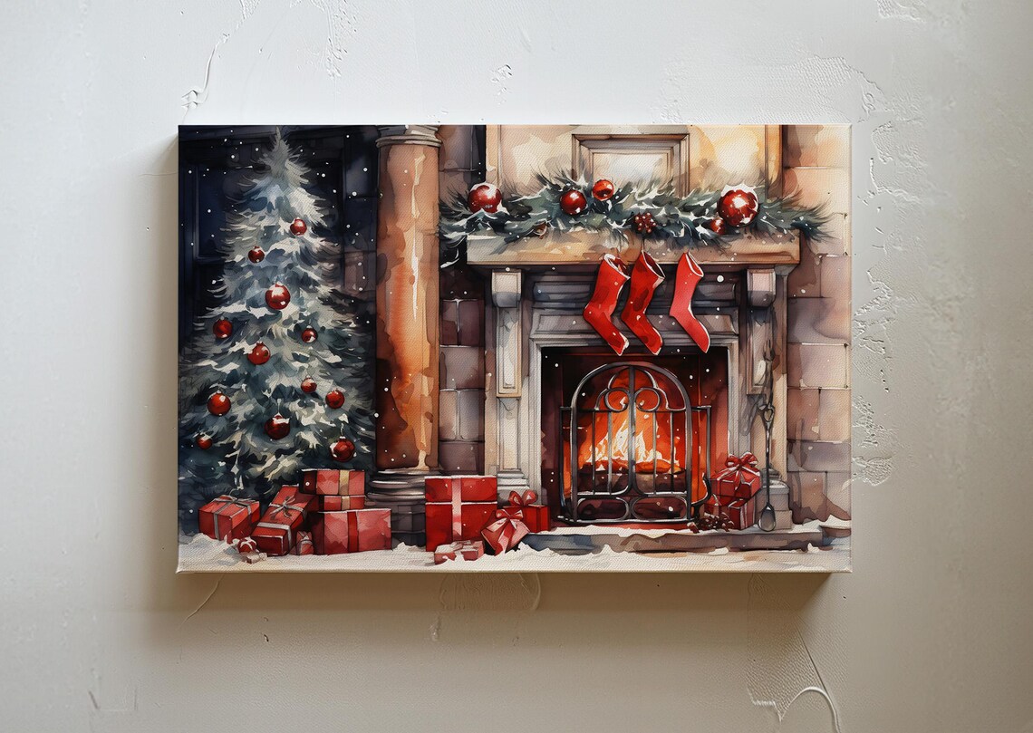 Watercolor Christmas Fireplace Art Print, Holiday Decor