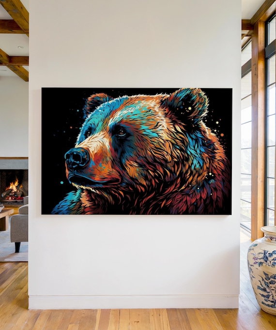 Colorful Grizzly Bear Portrait Black Background Wildlife Art Poster