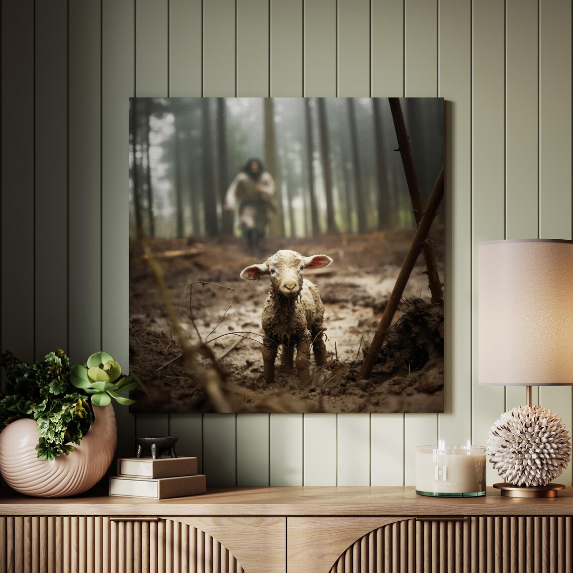 Jesus Running After Lost Lamb, Religious Wall Art Print