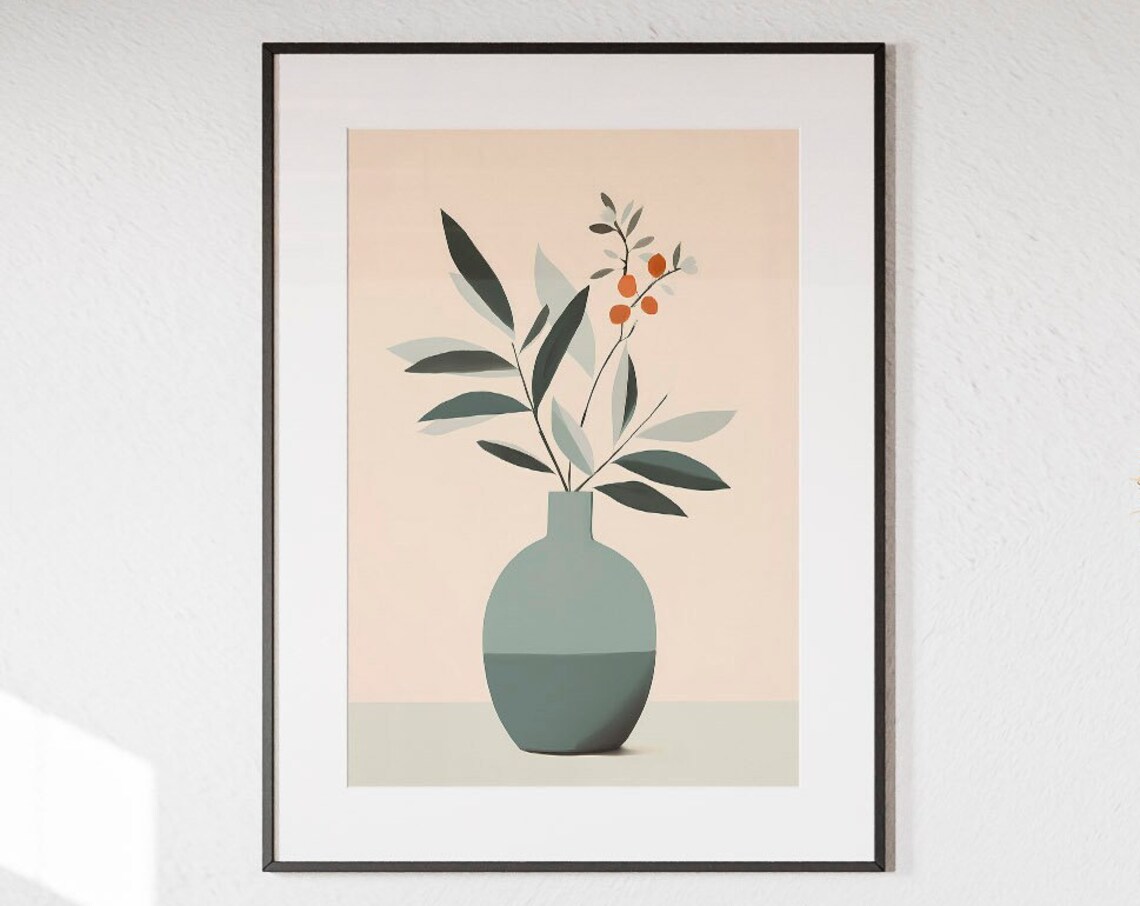Sage Blue Vase Botanical Leaves Orange Berries Minimal Poster