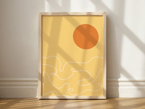 Abstract Sunset Poster Minimalist Beach Orange Sun Wave Lines