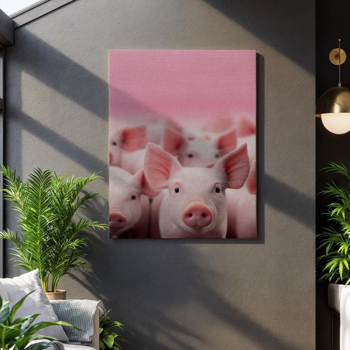 Cute Pink Piglets Closeup Farm Animal Portrait On Pink Canvas Wall Art