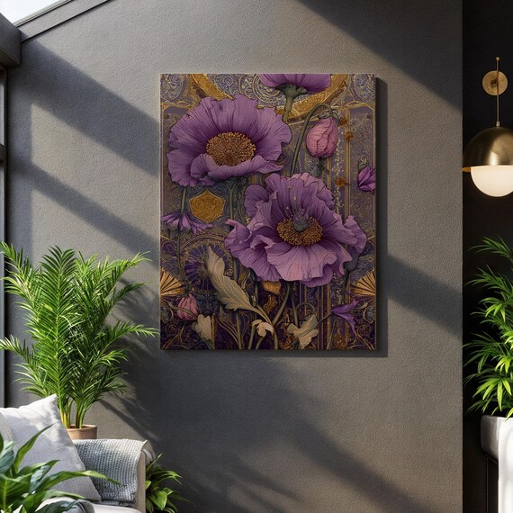 Purple Poppy Gold Nouveau Style Botanical Floral Illustration Poster