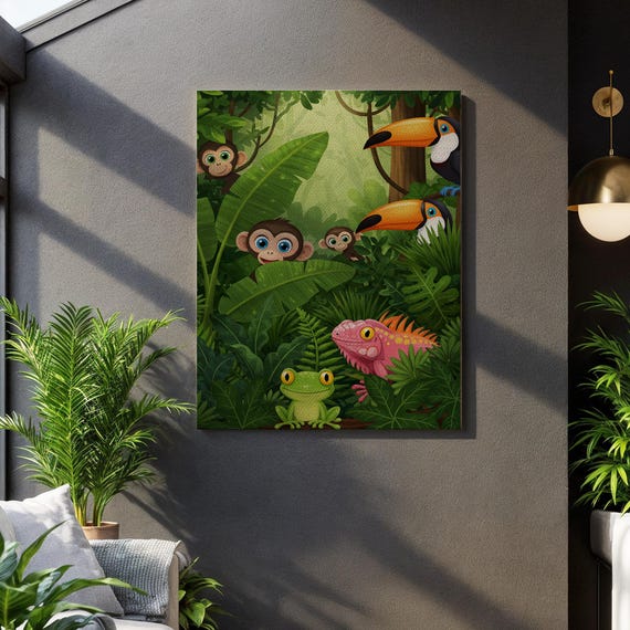 Jungle Animal Retreat Vibrant Wildlife Display Tropical Framed Showcase Playful Nursery Decor Safari Adventure Gift Lush Green Motif