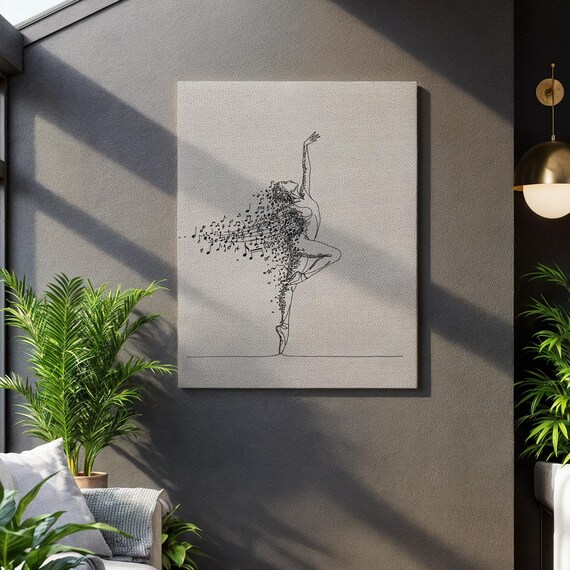Ballet Dancer Canvas Wall Art Minimalist Line Drawing With Flowing Music Notes Elegant Modern Dance Print For Artistic Home Decor