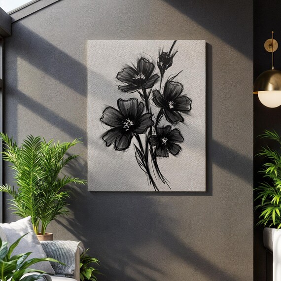 Black And White Floral Canvas Wall Art Minimalist Line Drawing Botanical Print Monochrome Flower Artwork For Living Room Or Office Decor