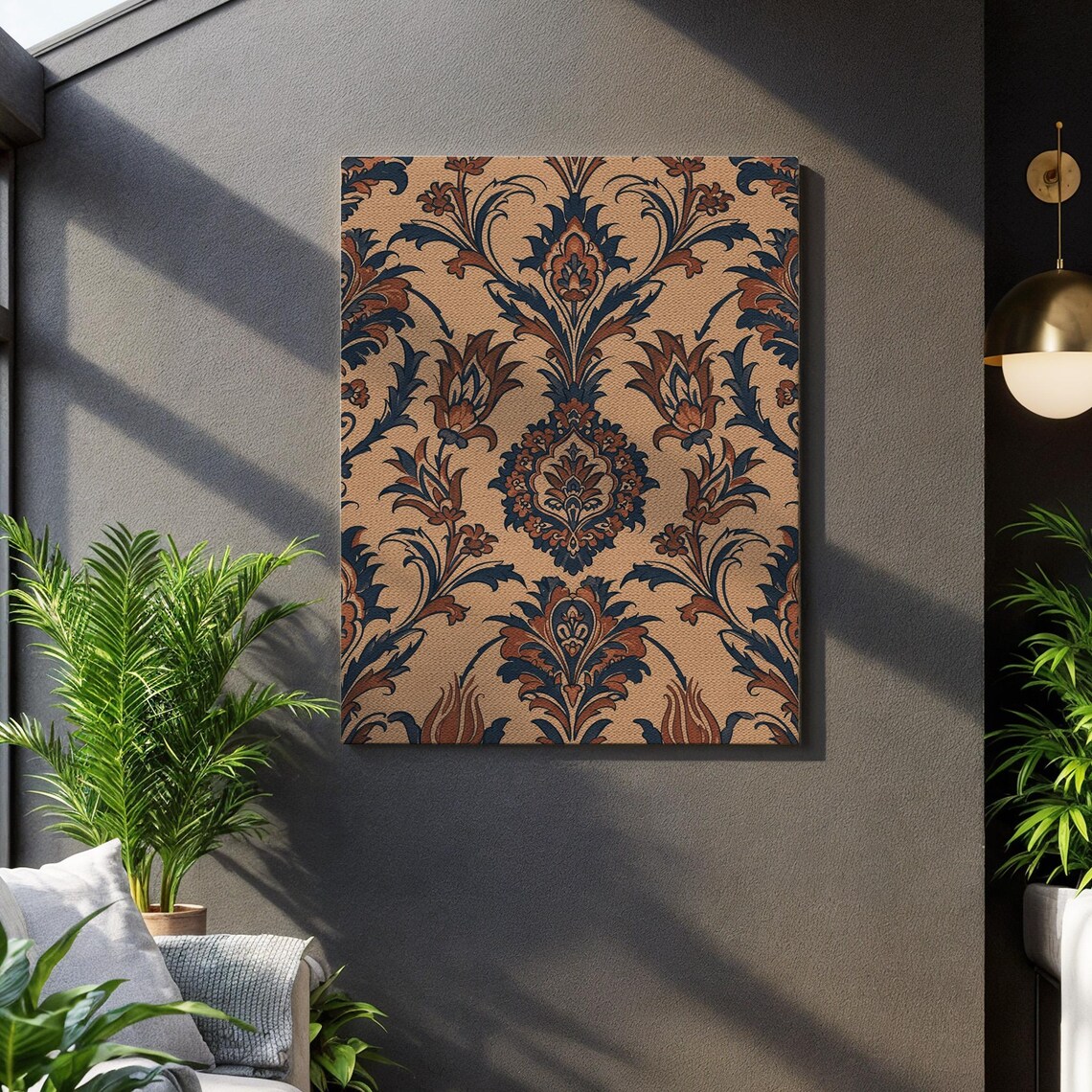Ornate Navy and Tan Damask Floral Pattern Traditional Decorative Art Poster