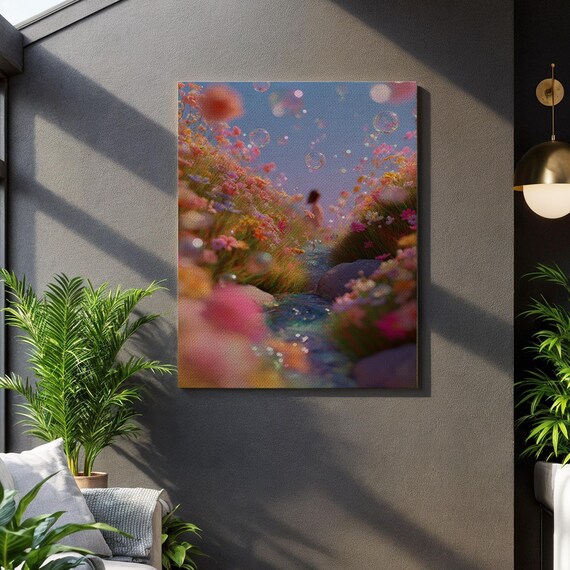 Dreamy Flower Path Floating Bubbles Surreal Fantasy Garden Wall Art