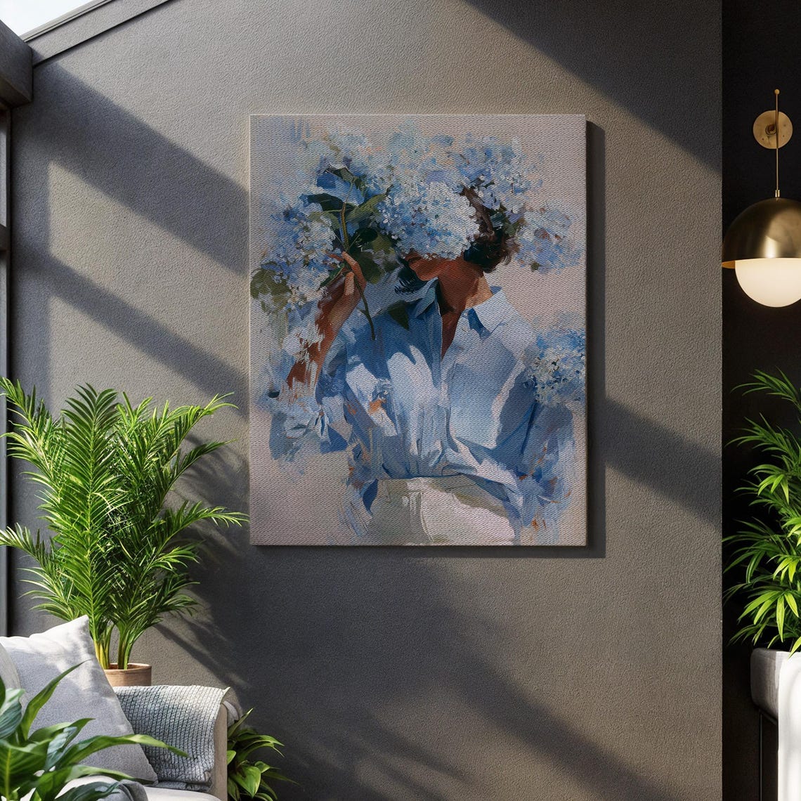 Floral Woman Portrait Blue Hydrangeas Abstract Modern Canvas Art Print