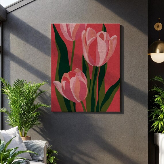 Pink Tulip Canvas Bold Red Background Floral Print Modern Botanical Painting Vibrant Spring Flowers Artwork For Romantic Home Decor