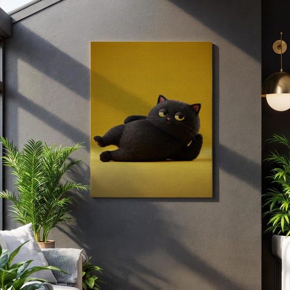 Cute Black Cat Canvas Wall Art Funny Lazy Illustration On Bright Yellow Backgroundplayful Pet Lover Print For Modern Animal Home Decor