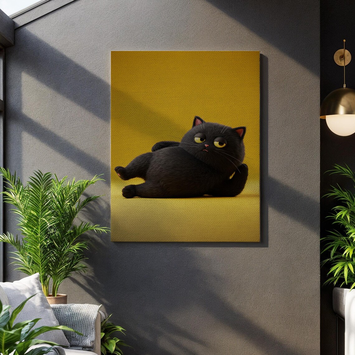 Grumpy Black Cat On Yellow Background Funny Lazy Feline Illustration Poster
