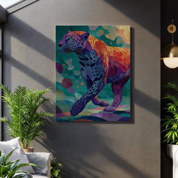 Abstract Leopard Artwork Colorful Big Cat Framed Geometric Print Pop Art Animal Canvas Vibrant Jungle Decor Modern Stained Glass