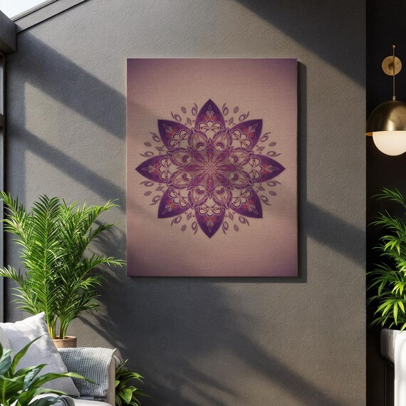 Purple Mandala Canvas Wall Art Boho Floral Geometric Design Spiritual Zen Meditation Print Framed Artwork For Tranquil Home Or Yoga Space